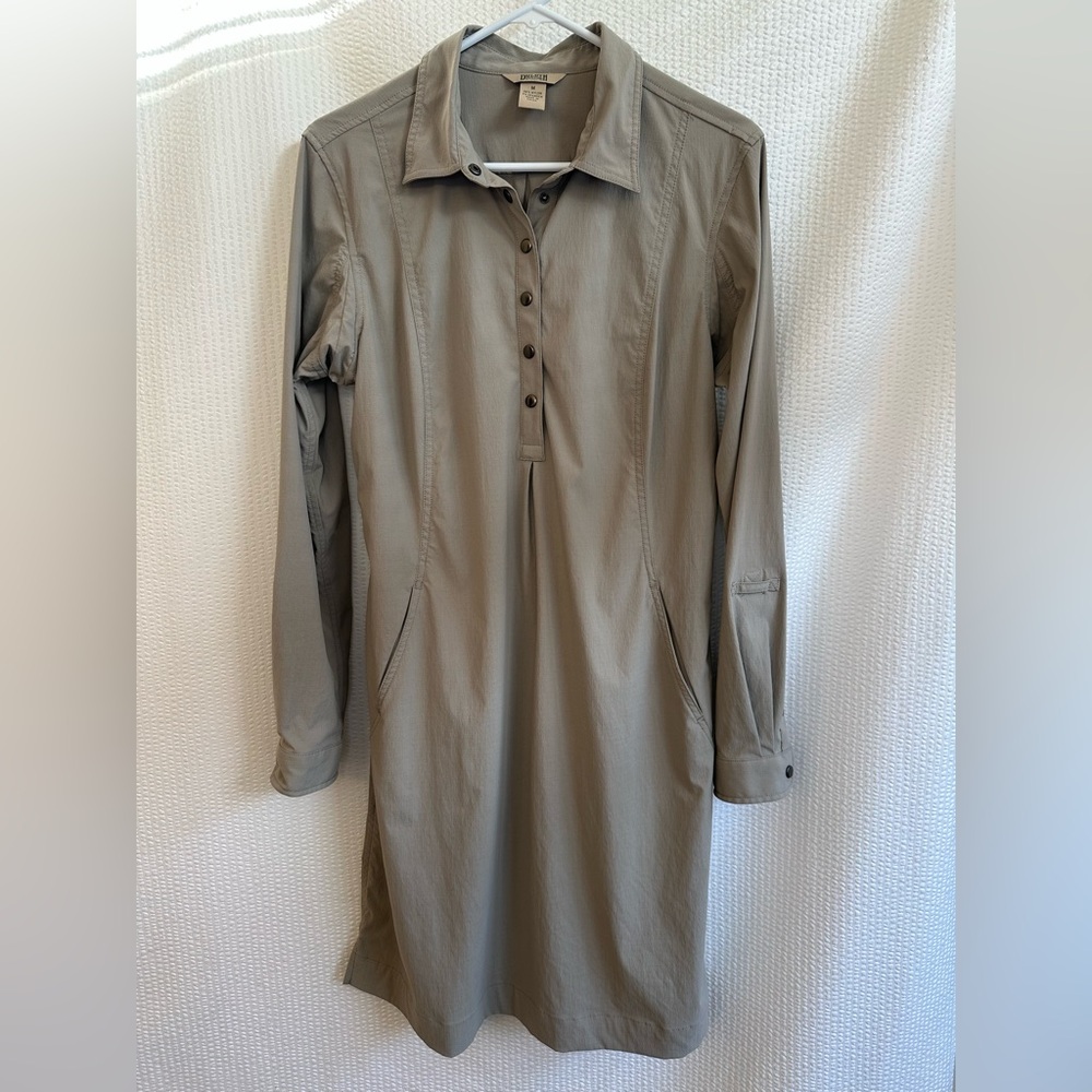 Duluth Trading Co Breezeshooter Shirt Dress Tan Long Sleeve UPF Stretch Medium